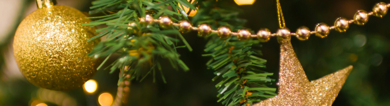 ein Stern hängt an einem geschmückten Weihnachtsbaum